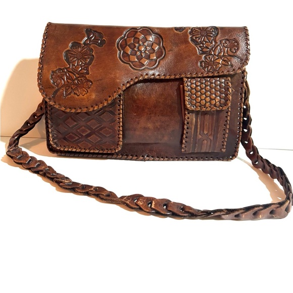 Vintage Handcrafted Floral Brown Leather Bag - Picture 1 of 6